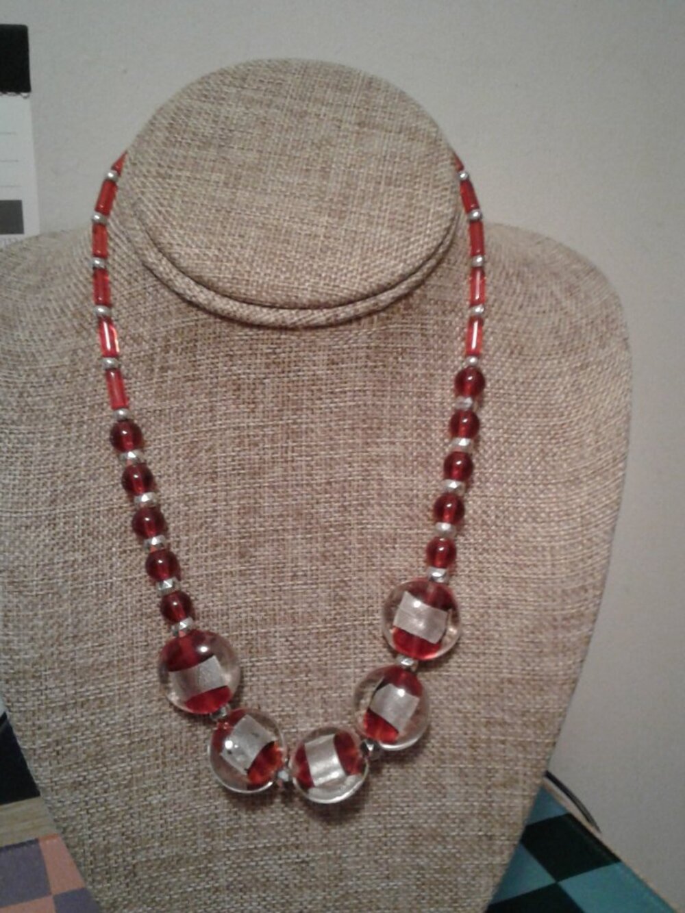 Red/Silver Dichroic Glass Disc Beads Choker Necklace 18" Long